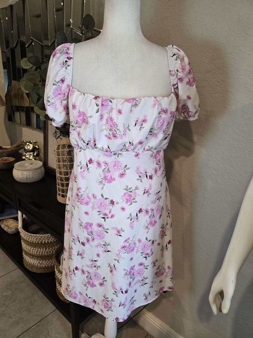 Altar'd State White Mini Dress with Pink Floral Print Puff Sleeves Open Back XXL